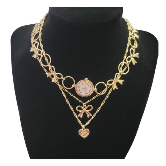 Jewelry - 3 piece coquette gold tone layered necklace set, watch, bow, & heart charms